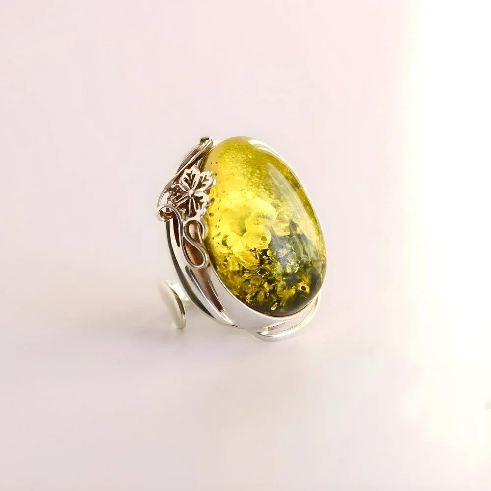 Baltic Green Amber Ring in Sterling Silver - Handmade